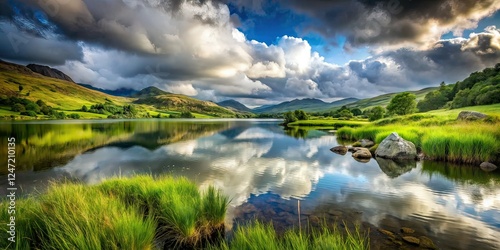 Surreal Welsh Lake Llynnau Mymbyr, Capel Curig Grassy Foreground photo