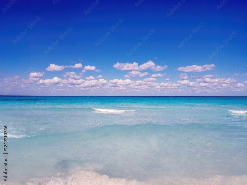 Obraz premium Crystal Clear Turquoise Ocean With Gentle Waves and White Clouds in a Vibrant Blue Sky at a Tranquil Beach