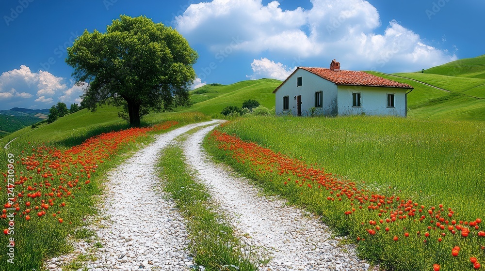 Countryside House with Winding Road and Poppy Fields Countryside House with Winding Road and Poppy Fields
