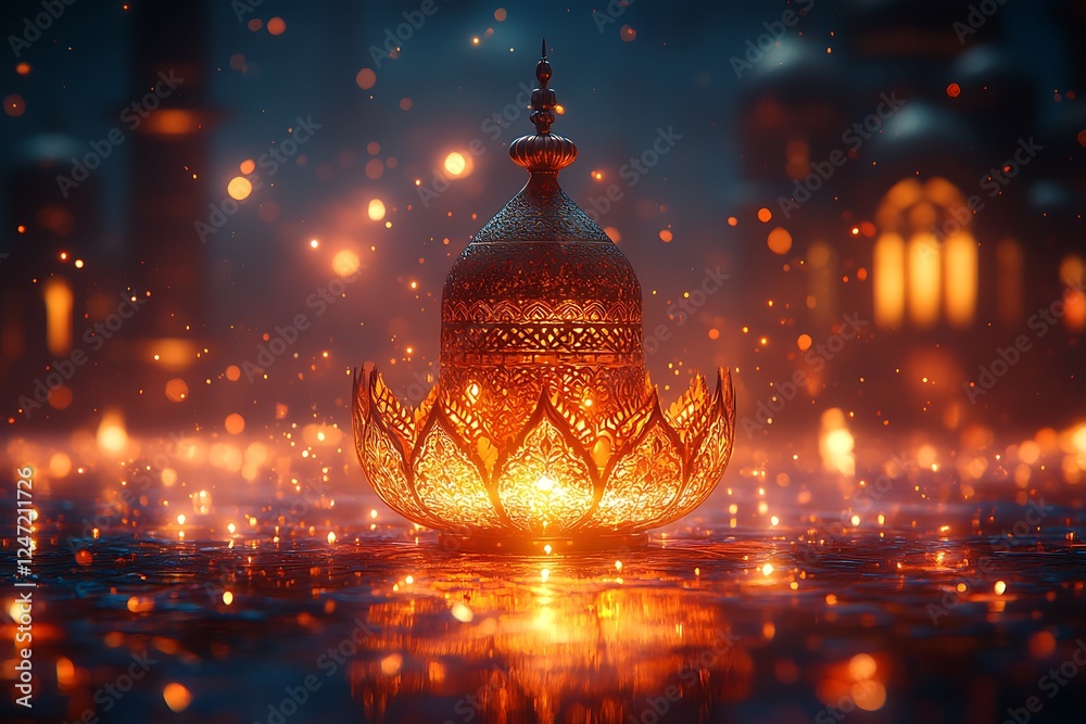 Ornate Lantern Glowing on a Shimmering Surface with Magical Light
Ornate Lantern Glowing on a Shimmering Surface with Magical Light