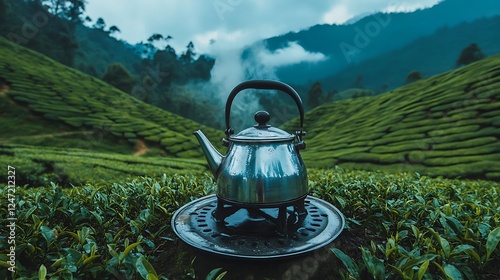 Traditional Tea Kettle on Earthen Stove photo