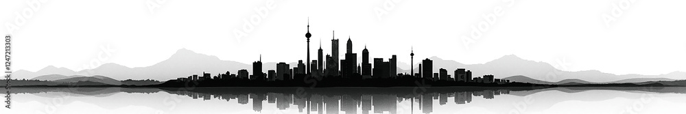 Obraz premium Silhouette of a modern city skyline against a serene backdrop with mountains and reflection.