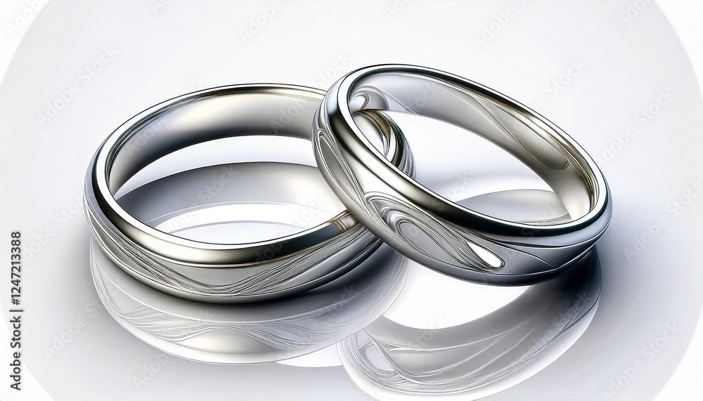 Generated image. Two silver wedding rings are intertwined, reflecting each other on a smooth surface. The metallic bands display a sleek, polished design enhanced by intricate patterns. Generated image. Two silver wedding rings are intertwined, reflecting each other on a smooth surface. The metallic bands display a sleek, polished design enhanced by intricate patterns.