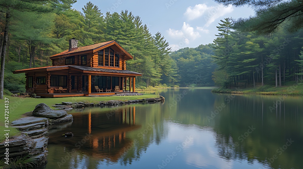 Obraz premium Lakeside log cabin, tranquil forest, morning mist, real estate