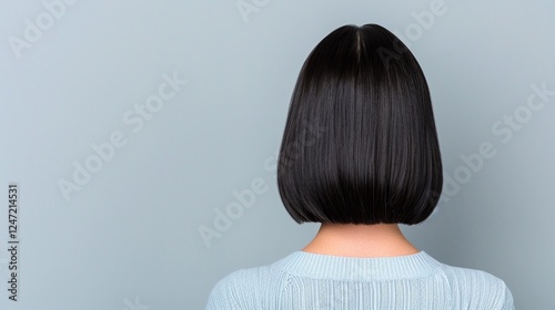 Short sleek black bob hairstyle, back view of modern haircut with straight glossy strands, classic clean hairstyle look on neutral background, minimalist fashion beauty concept

