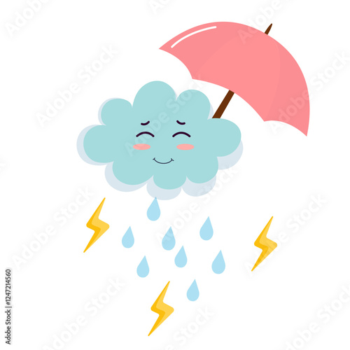  Cute cartoon smiling cloud with pink umbrella raining blue droplets and yellow lightning bolts. Cute cartoon weather forecaster characters with funny faces.