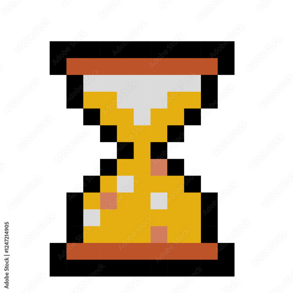 Pixel art hourglass with yellow sand in retro 8-bit style isolated on a white background. Game interface, pixelated life bar and menu button. Button 8 bit pixel Pixel art hourglass with yellow sand in retro 8-bit style isolated on a white background. Game interface, pixelated life bar and menu button. Button 8 bit pixel