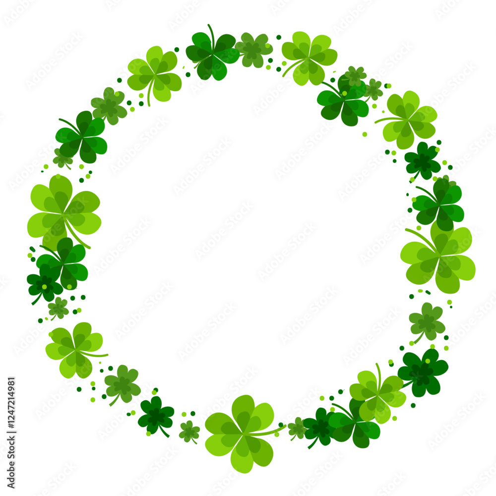 Circular shamrock wreath made of vibrant green clovers forming a festive frame on a white background Circular shamrock wreath made of vibrant green clovers forming a festive frame on a white background
