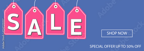 Sale banner with pink price tags on a blue background featuring promotional text for discounts and special offers