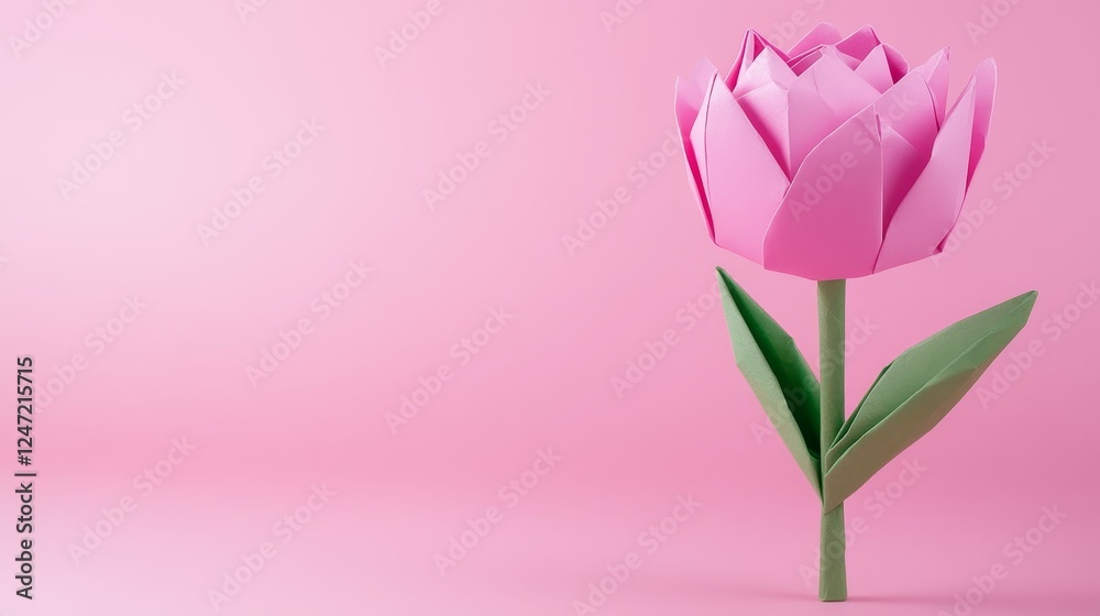 Fototapeta premium Pink Origami Flower on Solid Background - A beautiful pink origami flower with green leaves set against a soft pink background, symbolizing creativity and elegance.