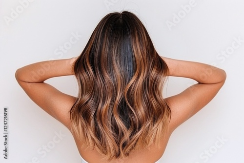 Brunette hair with caramel balayage waves, medium to long hairstyle, soft glossy curls in back view of female model, natural color gradient, modern hair dye trend, beauty concept portrait

