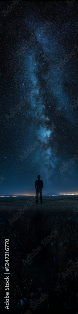 An illustration of a man standing under a star filled sky and the Milky Way An illustration of a man standing under a star filled sky and the Milky Way