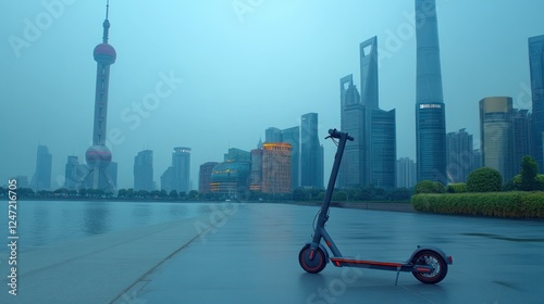 Electric scooter parked, Shanghai skyline, dawn, wet pavement, travel photo