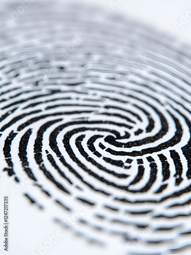 A close-up of a black fingerprint on a white background, emphasizing identity and securit photo