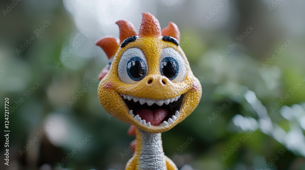 Fototapeta premium Happy cartoon dinosaur toy outdoors, blurred background, children's book illustration