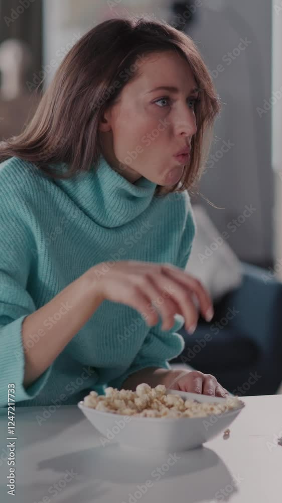 A woman in a blue sweater enjoys popcorn, laughing at the table
