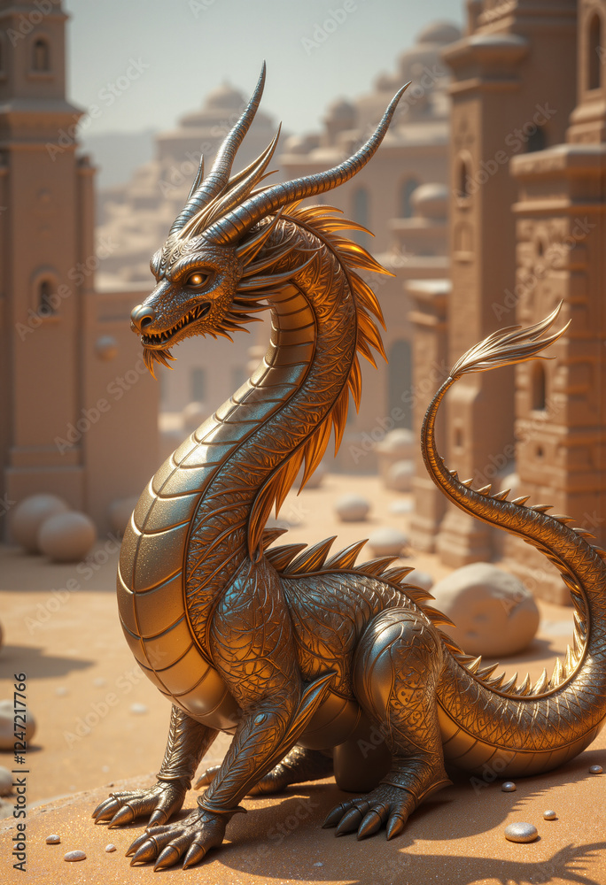 Fototapeta premium Majestic golden dragon amidst ancient desert ruins, mystical elegance