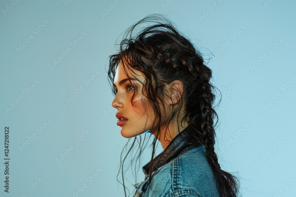 Side profile portrait of a woman with dark braided hair, wearing a denim jacket, moody and stylish, soft blue background, confident and expressive look, artistic and modern photography
Side profile portrait of a woman with dark braided hair, wearing a denim jacket, moody and stylish, soft blue background, confident and expressive look, artistic and modern photography