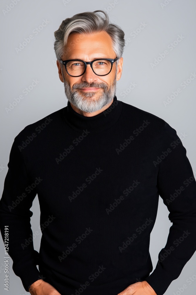 Fototapeta premium Happy man stands confidently in a studio setting on a clean background showcasing positive emotions