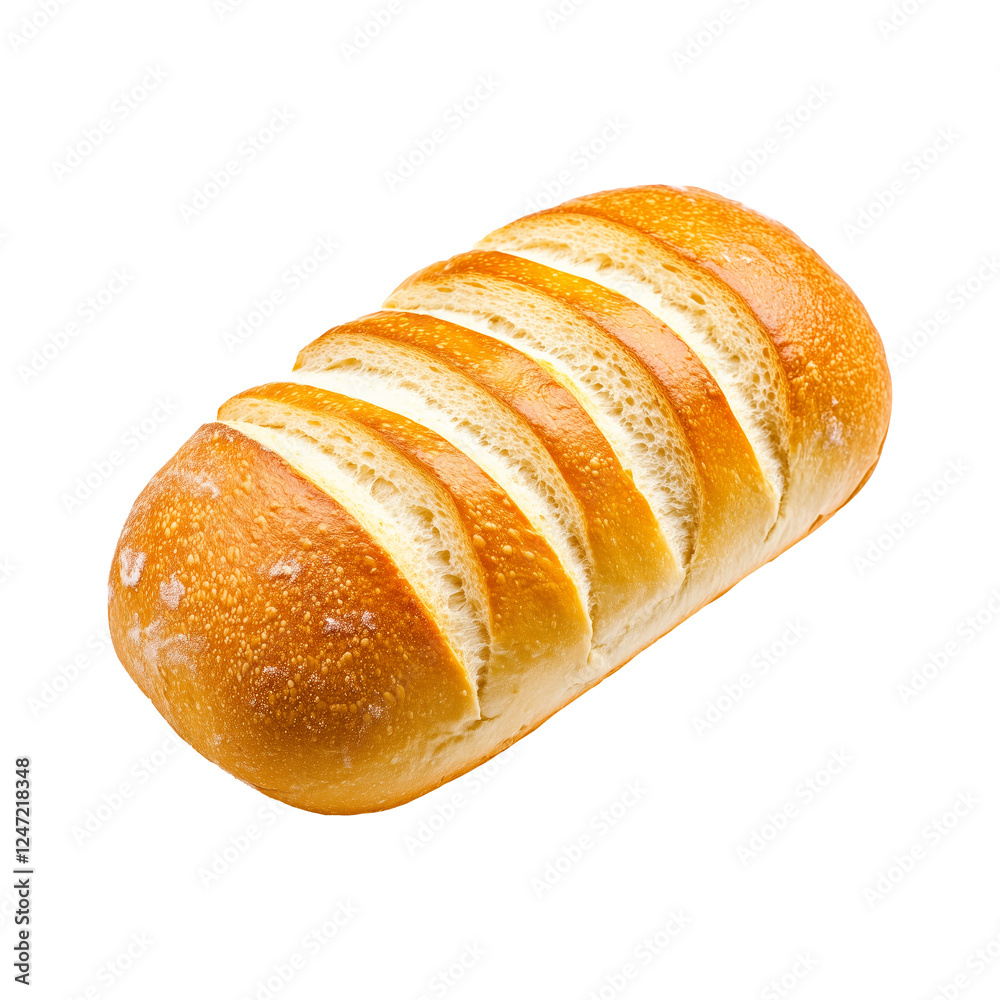 A fresh loaf of white bread showing its golden crust and soft interior, isolated on white transparent background. A fresh loaf of white bread showing its golden crust and soft interior, isolated on white transparent background.