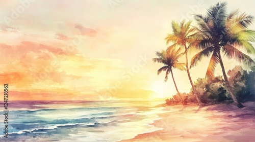 Relaxing sunset at a tropical beach with palm trees and gentle waves in a watercolor illustration style. Generative AI