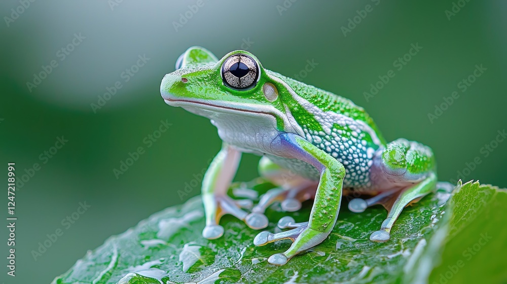 Obraz premium Green frog on leaf, rainforest background, nature photography, wildlife