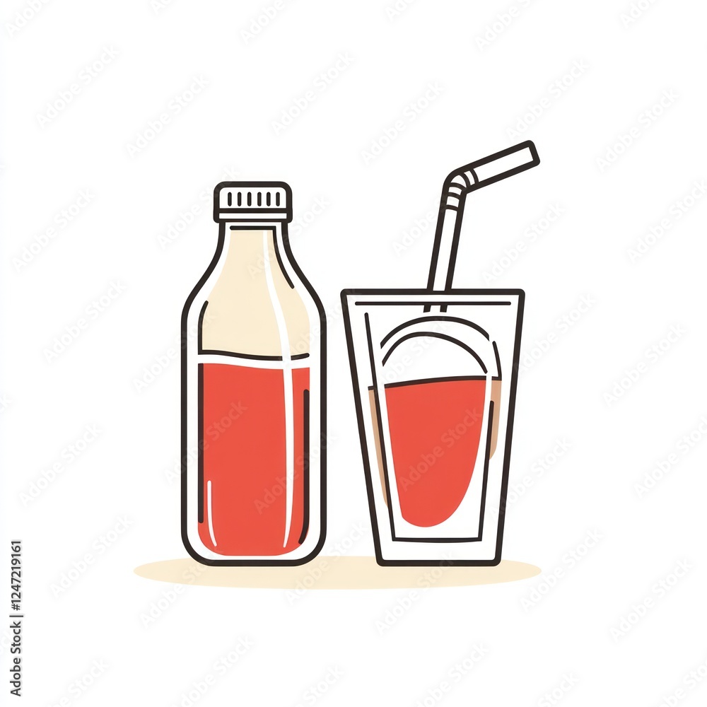 Refreshing drink in glass with straw, served next to a bottle on plain background
