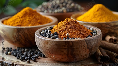 Assorted spices such as black peppercorns, cloves, and turmeric roots displayed in wooden bowls and scattered on a vintage wooden surface, with warm light bringing out their details