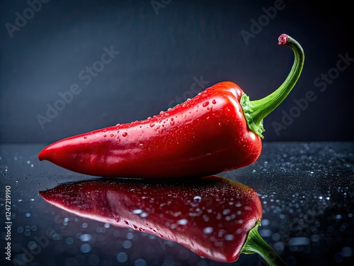 Top View Wet Red Pepper Reflection Black Table Copy Space photo