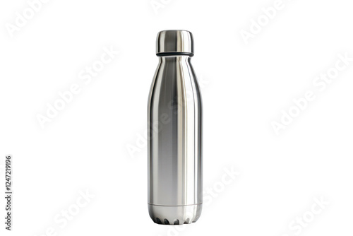 A vertical, eye-level, studio shot showcases a sleek, silver, stainless steel water bottle