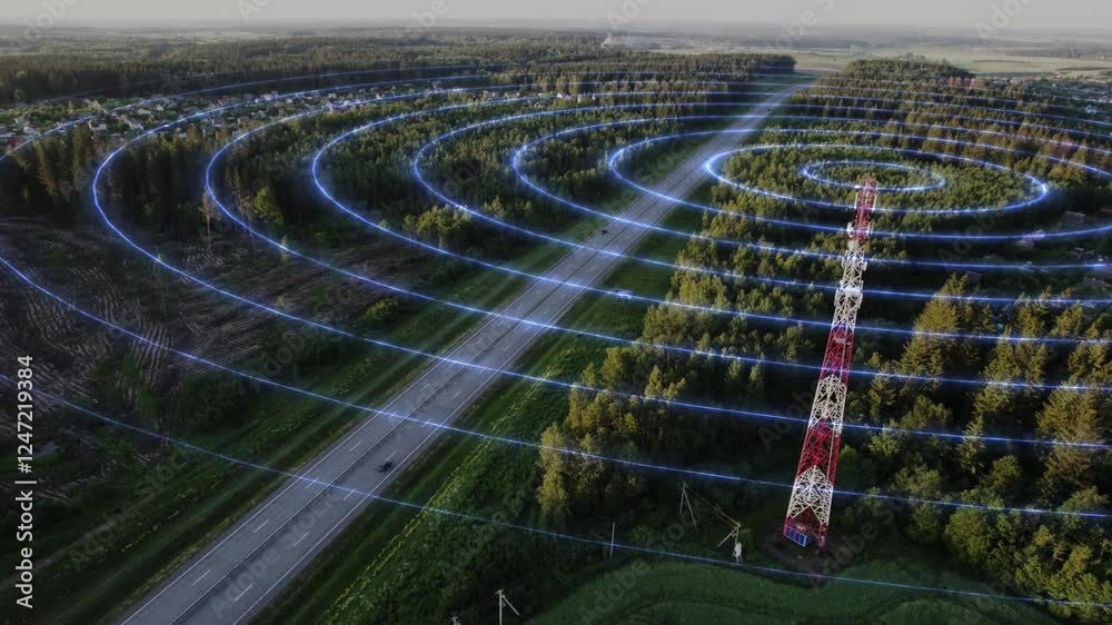 Antenna signal animation, radio waves emitted from a cell phone radio tower spreading everywhere around. Animation of the wave from the antenna. Communication tower, digital signal. 4k footage