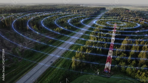 Antenna signal animation, radio waves emitted from a cell phone radio tower spreading everywhere around. Animation of the wave from the antenna. Communication tower, digital signal. 4k footage