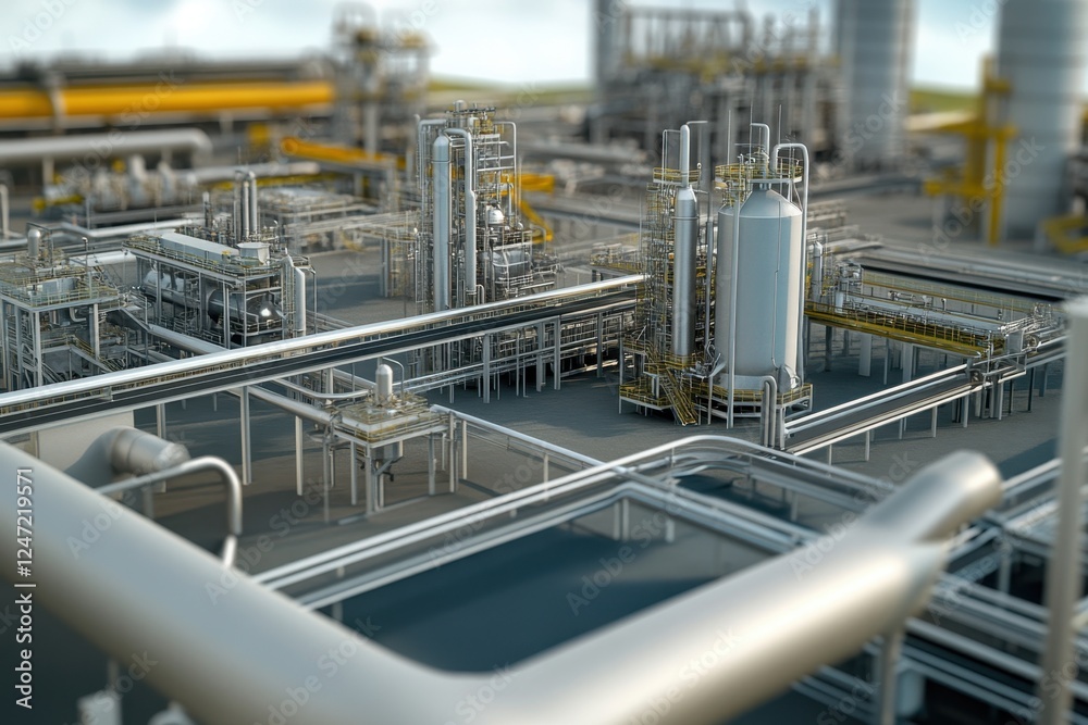 Industrial facility with complex piping systems under bright daylight Industrial facility with complex piping systems under bright daylight