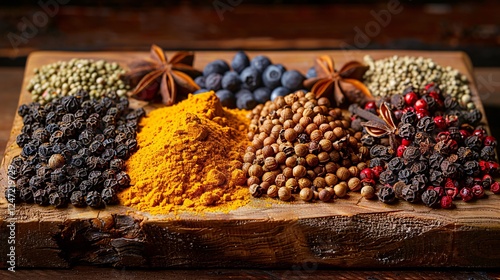 High-resolution image of various spices such as black peppercorns, turmeric roots, and star anise artistically arranged on a weathered wooden surface, with warm light emphasizing their textures