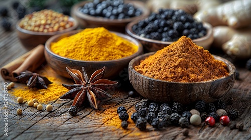 High-resolution image of various spices such as black peppercorns, turmeric roots, and star anise artistically arranged on a weathered wooden surface, with warm light emphasizing their textures