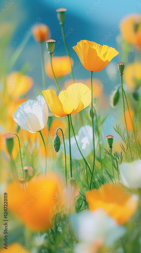 Obraz premium Bright yellow and white flowers bloom in vibrant field, showcasing nature beauty and tranquility. delicate petals and lush greenery create serene atmosphere