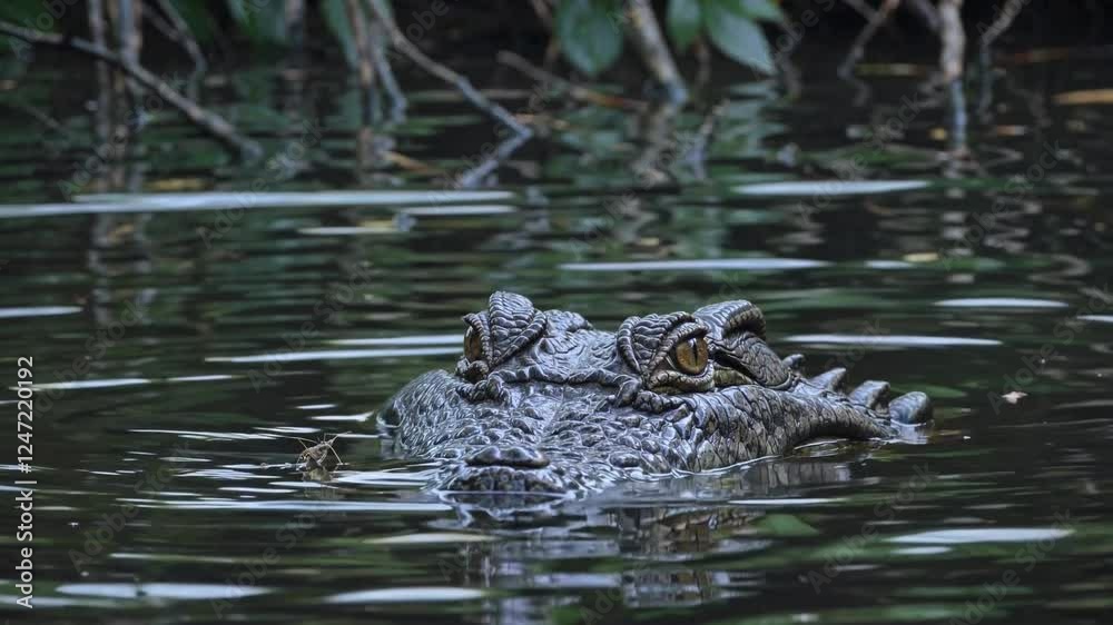 capturing the intense and stealthy presence of a crocodile as it remains almost entirely submerged in murky water, with only its piercing eyes and the ridges of its rough, scaly head visible above the capturing the intense and stealthy presence of a crocodile as it remains almost entirely submerged in murky water, with only its piercing eyes and the ridges of its rough, scaly head visible above the