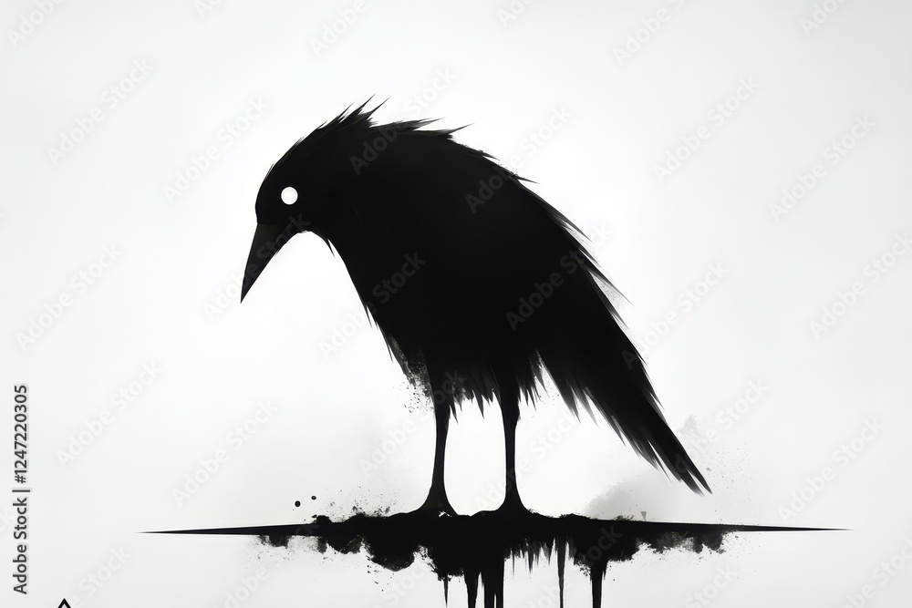 Fototapeta premium Unique Dark Bird Silhouette Illustration - A striking dark bird silhouette captured with elegance, symbolizing mystery, solitude, creativity, contrast, and depth in a minimalist style.