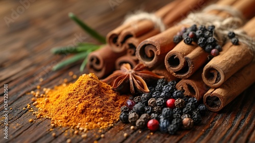 Close-up of a variety of spices such as star anise, black peppercorns, and cinnamon sticks on a rustic wooden table, with warm light enhancing their rich colors and details photo