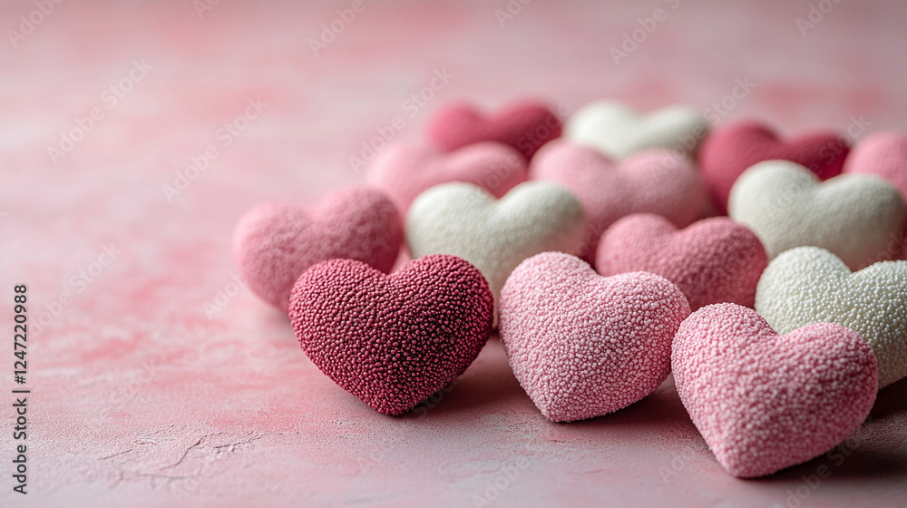 Assorted red, pink, and white hearts arranged elegantly on a soft pink gradient background, symbolizing love, affection, and romantic celebrations with empty space for customizable captions Assorted red, pink, and white hearts arranged elegantly on a soft pink gradient background, symbolizing love, affection, and romantic celebrations with empty space for customizable captions