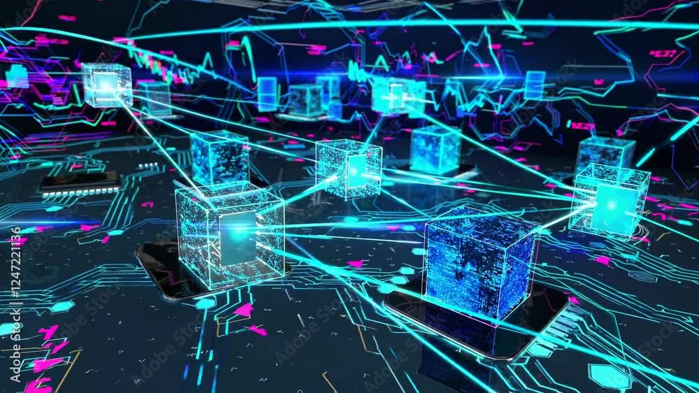 capturing the visualization of a blockchain network, where interconnected blocks of data glow with vibrant blue and neon turquoise light. capturing the visualization of a blockchain network, where interconnected blocks of data glow with vibrant blue and neon turquoise light.