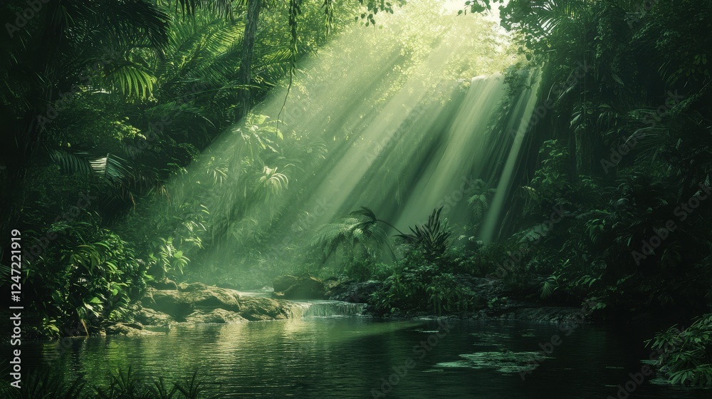 Obraz premium Dappled sunlight breaks through a lush green canopy illuminating a serene jungle oasis at dawn