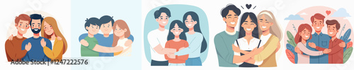 vector set of warm hugs happy family