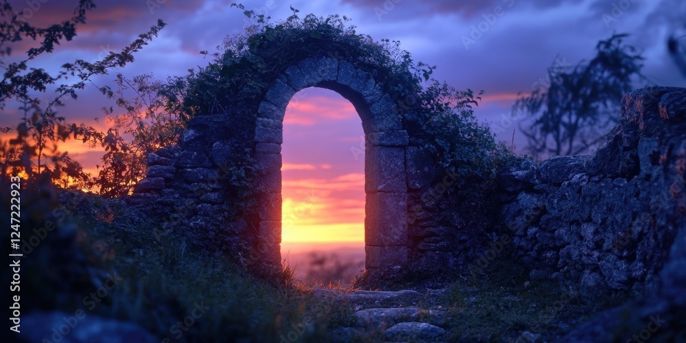 Fototapeta premium A serene sunset behind a stone archway in an abandoned landscape.