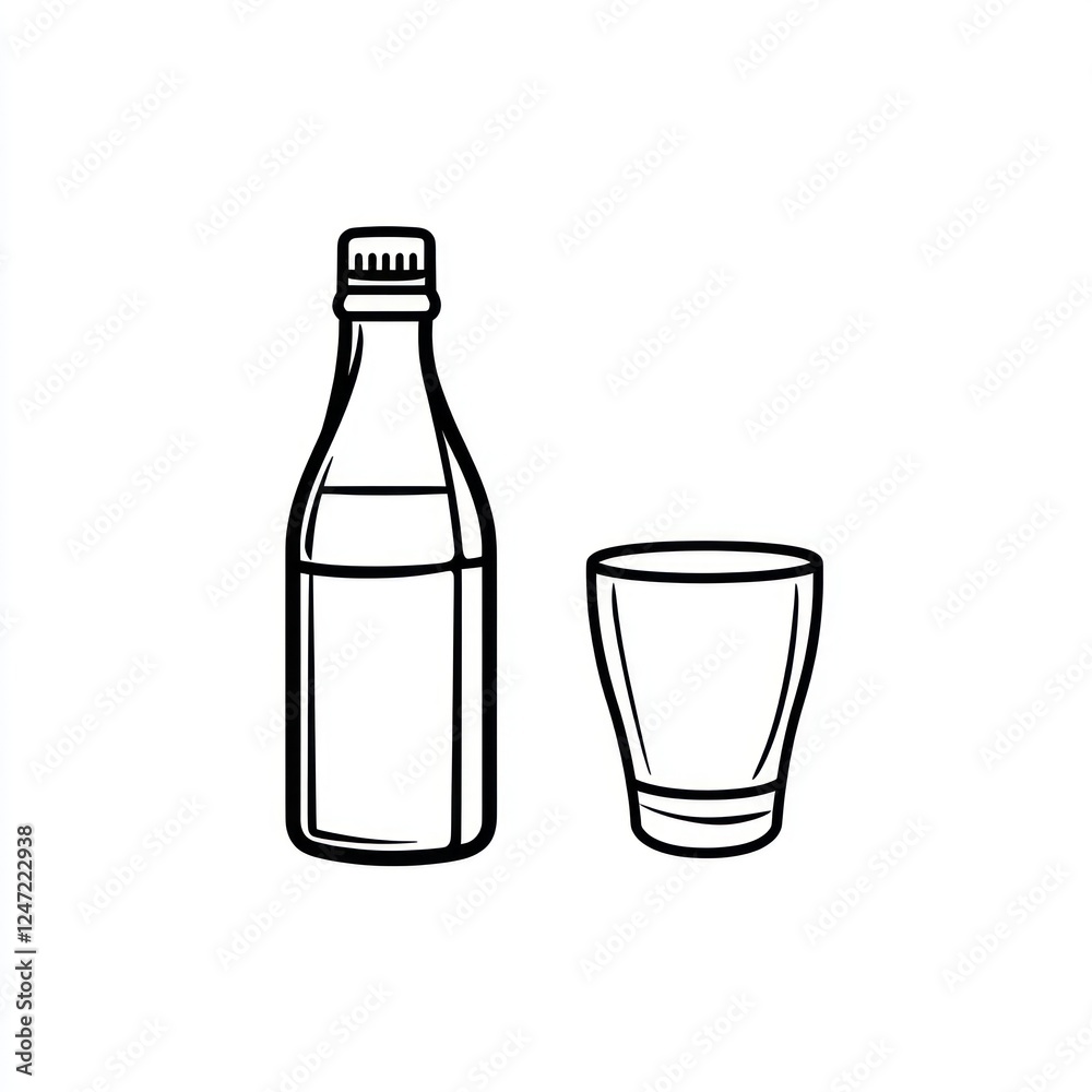 Outline of a bottle with liquid and a glass beside, illustration of a healthy drink Outline of a bottle with liquid and a glass beside, illustration of a healthy drink
