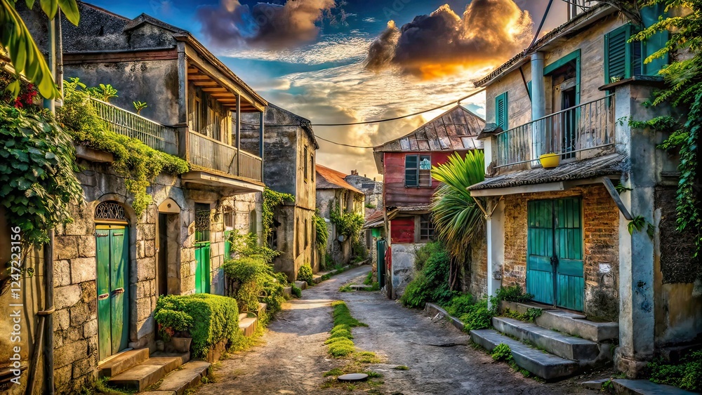 Fototapeta premium Urban Exploration Cul-de-Sac St. Martin, Abandoned Houses, Decaying Beauty, Street Photography, Hidden Gems, Alleyways, Cityscapes, Vintage, Noir, Photorealistic