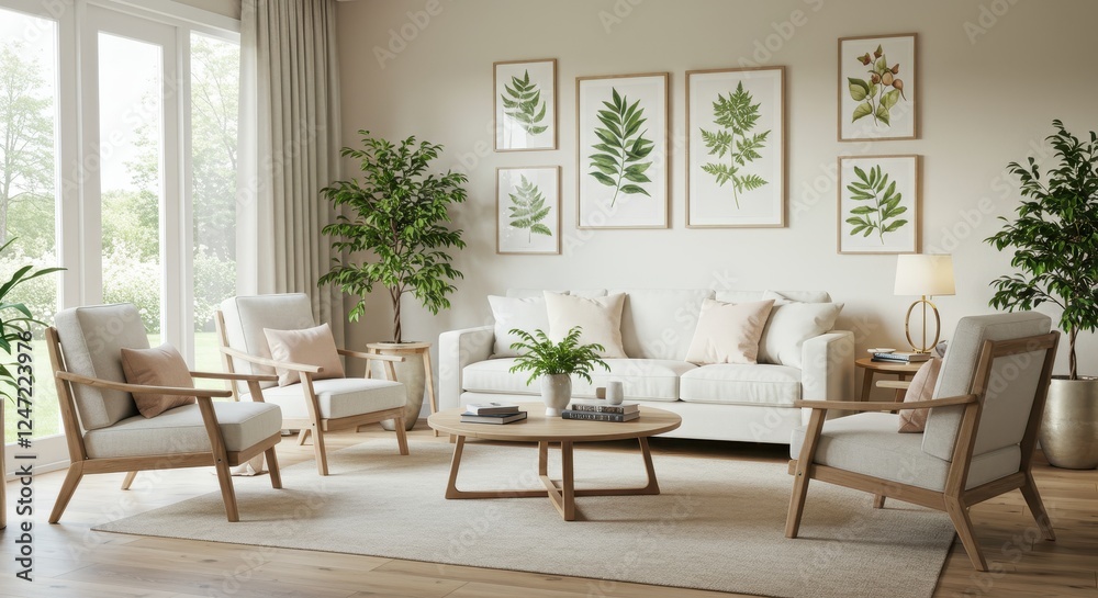 Fototapeta premium A bright inviting living room with a neutral palette