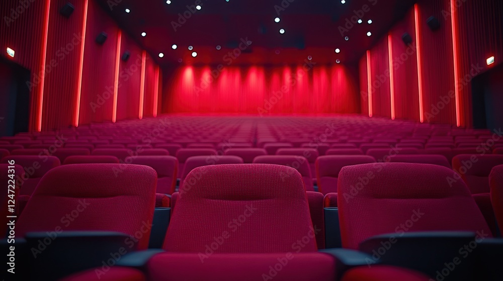 Fototapeta premium Empty red cinema seats, stage lights, movie theater