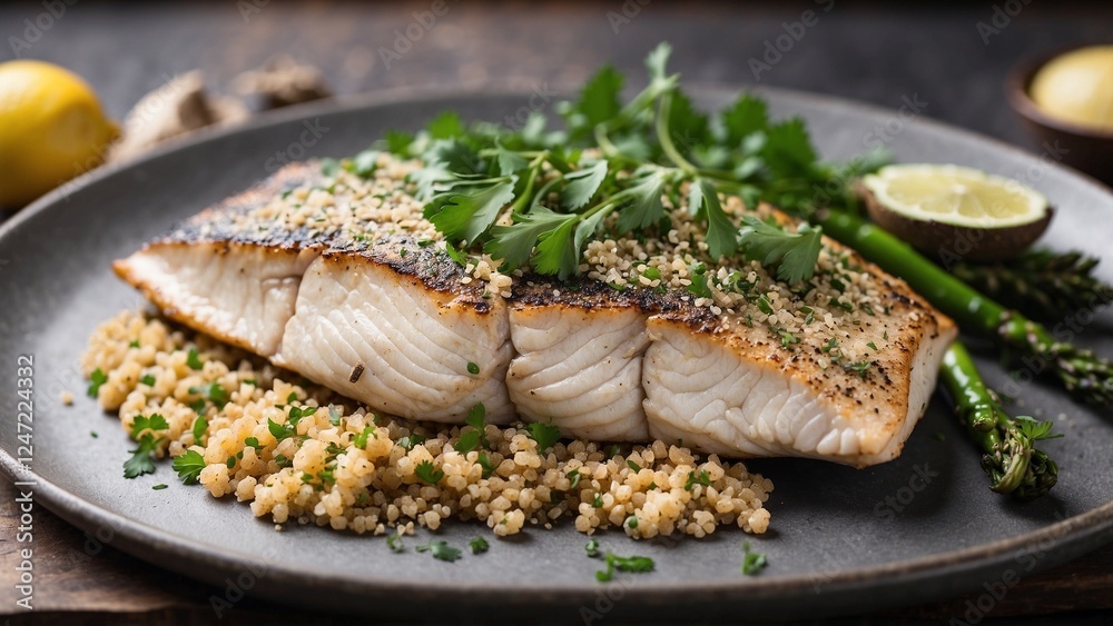 Seared Fish Couscous in Close-Up Style with Bright Green and Dark Wooden Colors representing a Refined Healthy Meal
Seared Fish Couscous in Close-Up Style with Bright Green and Dark Wooden Colors representing a Refined Healthy Meal