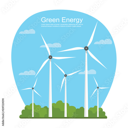 Wind turbines generating renewable energy. Green power sustainable industrial technology. Environment protection, ecology conservation, flat vector illustration